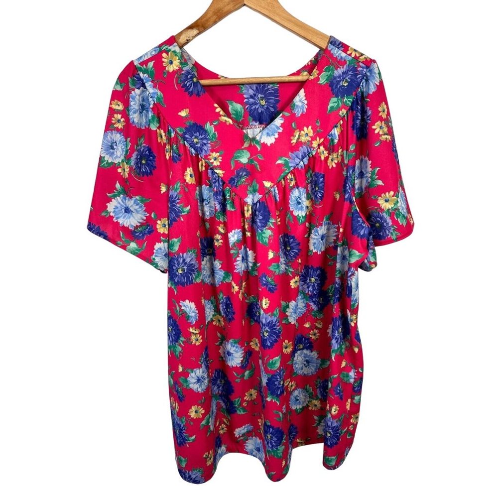 Vintage Plus Size Womens Top MuuMuu Shirt Peasant Hawaiian Pink Floral Boho